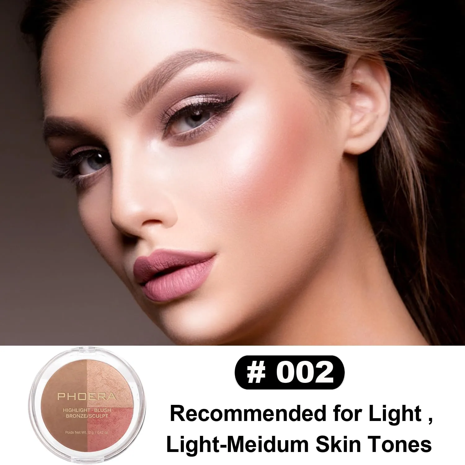 PHOERA Foundation, PHOERA Contour Palette,Shades with Highlighter & Bronzer & Blush,Up to 24 Hour Fresh Wear,PHOERA Concealer Primer Powder (102 104  #002 Contour/Nude Buff Beige #002)