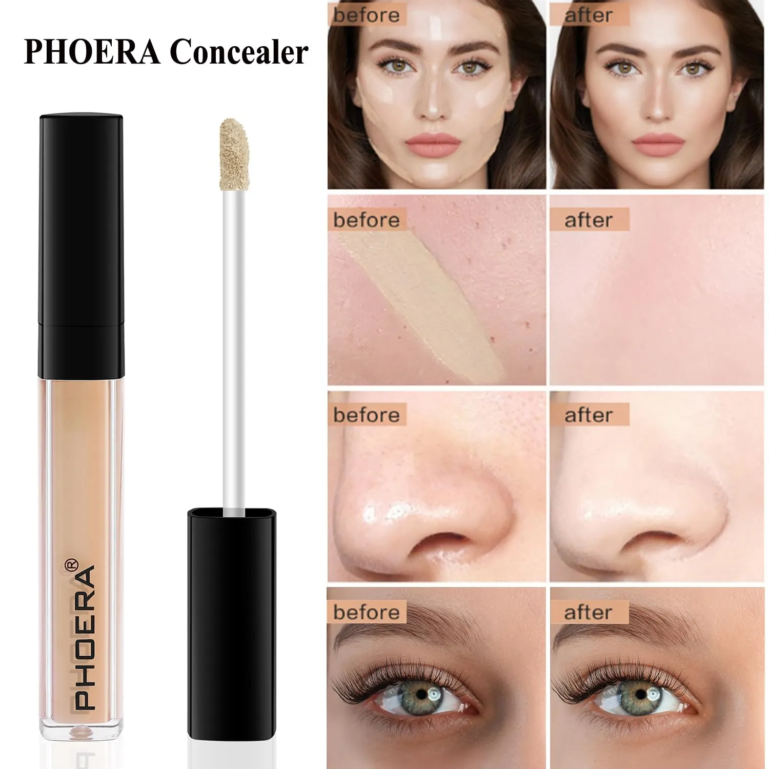 PHOERA Foundation, PHOERA Contour Palette,Shades with Highlighter & Bronzer & Blush,Up to 24 Hour Fresh Wear,PHOERA Concealer Primer Powder (102 104  #002 Contour/Nude Buff Beige #002)