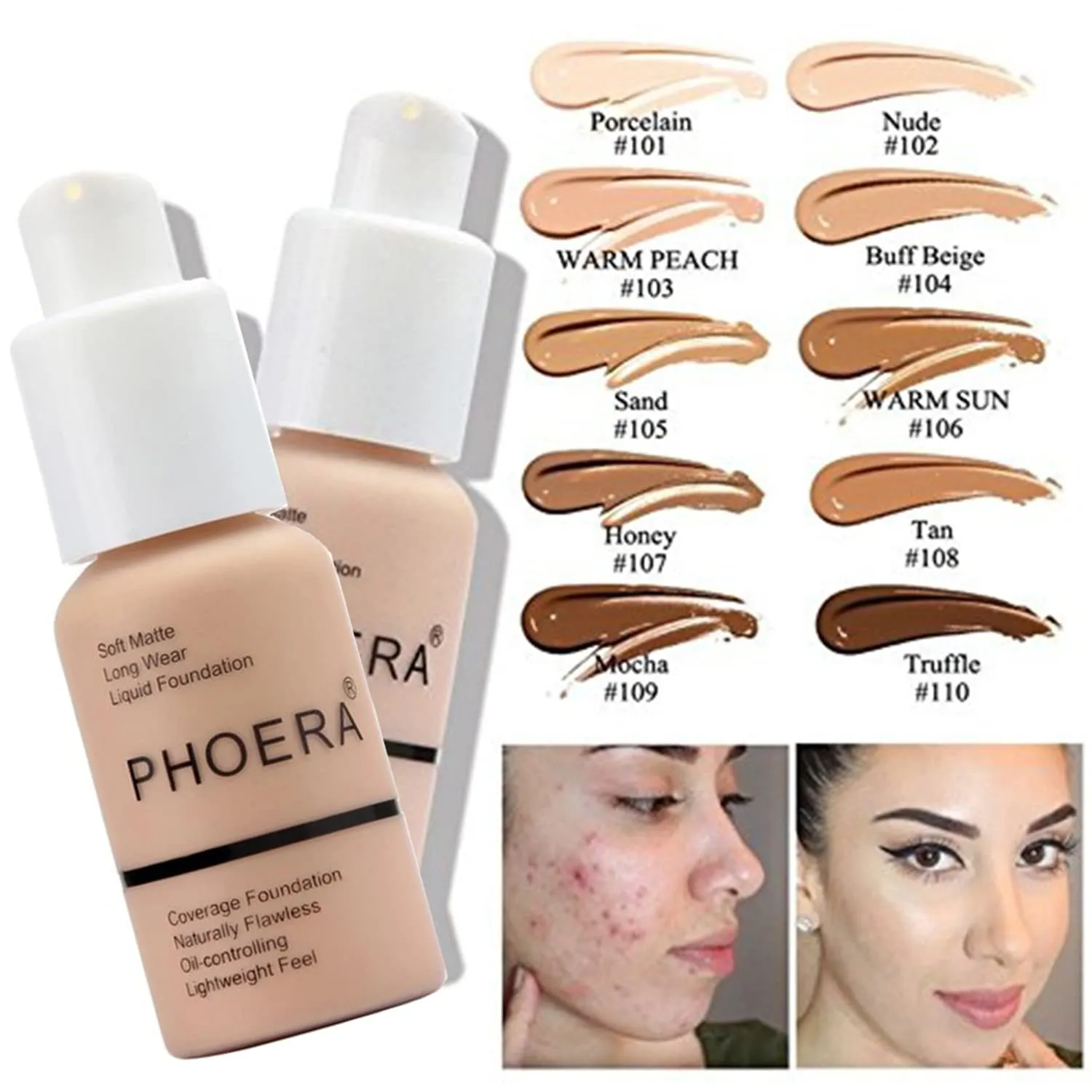 PHOERA Foundation, PHOERA Contour Palette,Shades with Highlighter & Bronzer & Blush,Up to 24 Hour Fresh Wear,PHOERA Concealer Primer Powder (102 104  #002 Contour/Nude Buff Beige #002)