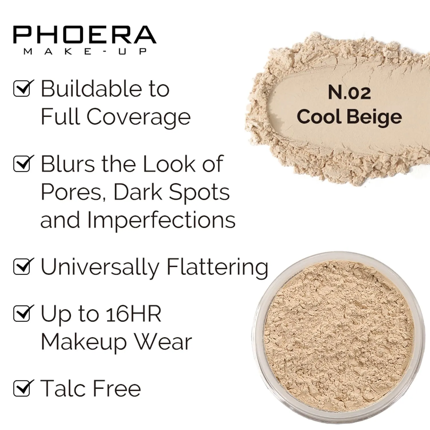 PHOERA Foundation, PHOERA Contour Palette,Shades with Highlighter & Bronzer & Blush,Up to 24 Hour Fresh Wear,PHOERA Concealer Primer Powder (102 104  #002 Contour/Nude Buff Beige #002)