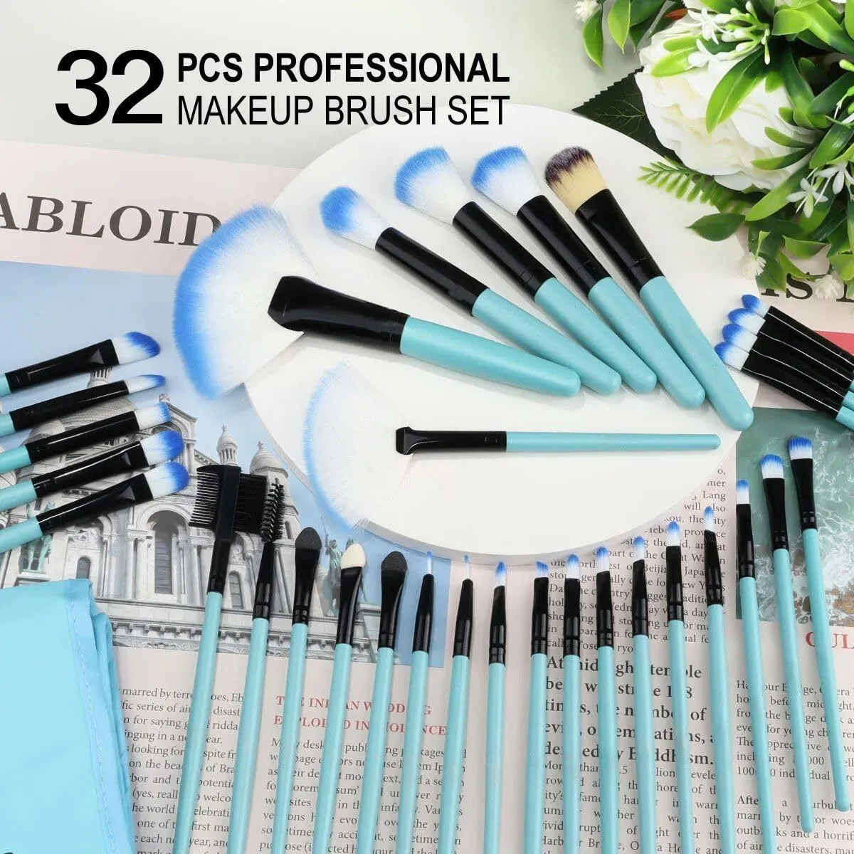 professional makeup brush set with eco-friendly wooden handles and bag black