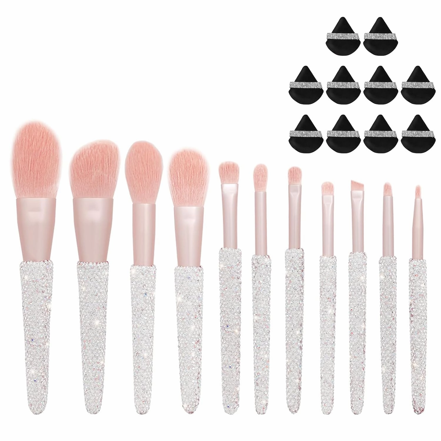Professional Makeup Brushes Set 11PCS Bling Rhinestone White & 10 Pieces Soft Face Powder Puff Triangle Makeup Puff Black