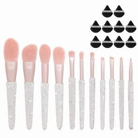 Professional Makeup Brushes Set 11PCS Bling Rhinestone White & 10 Pieces Soft Face Powder Puff Triangle Makeup Puff Black
