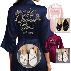 Quinceanera Robes and Slippers Set for Mis XV Anos and the Entire Quince Squad, Robes for Mama de la Quince, Abuela, Hermana and More, A Great Bundled Quinceanera Gift, Dusty Blue S/M