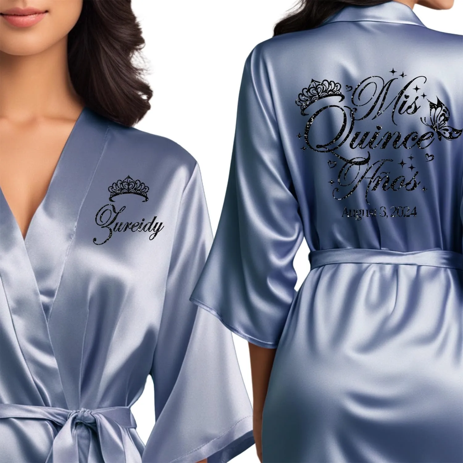 Quinceanera Robes and Slippers Set for Mis XV Anos and the Entire Quince Squad, Robes for Mama de la Quince, Abuela, Hermana and More, A Great Bundled Quinceanera Gift, Dusty Blue S/M