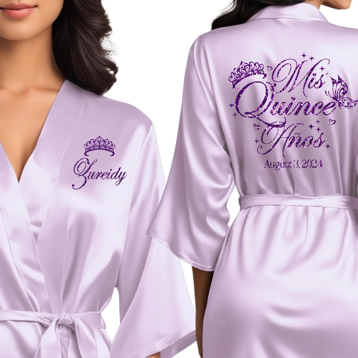 Quinceanera Robes and Slippers Set for Mis XV Anos and the Entire Quince Squad, Robes for Mama de la Quince, Abuela, Hermana and More, A Great Bundled Quinceanera Gift, Lilac L/XL