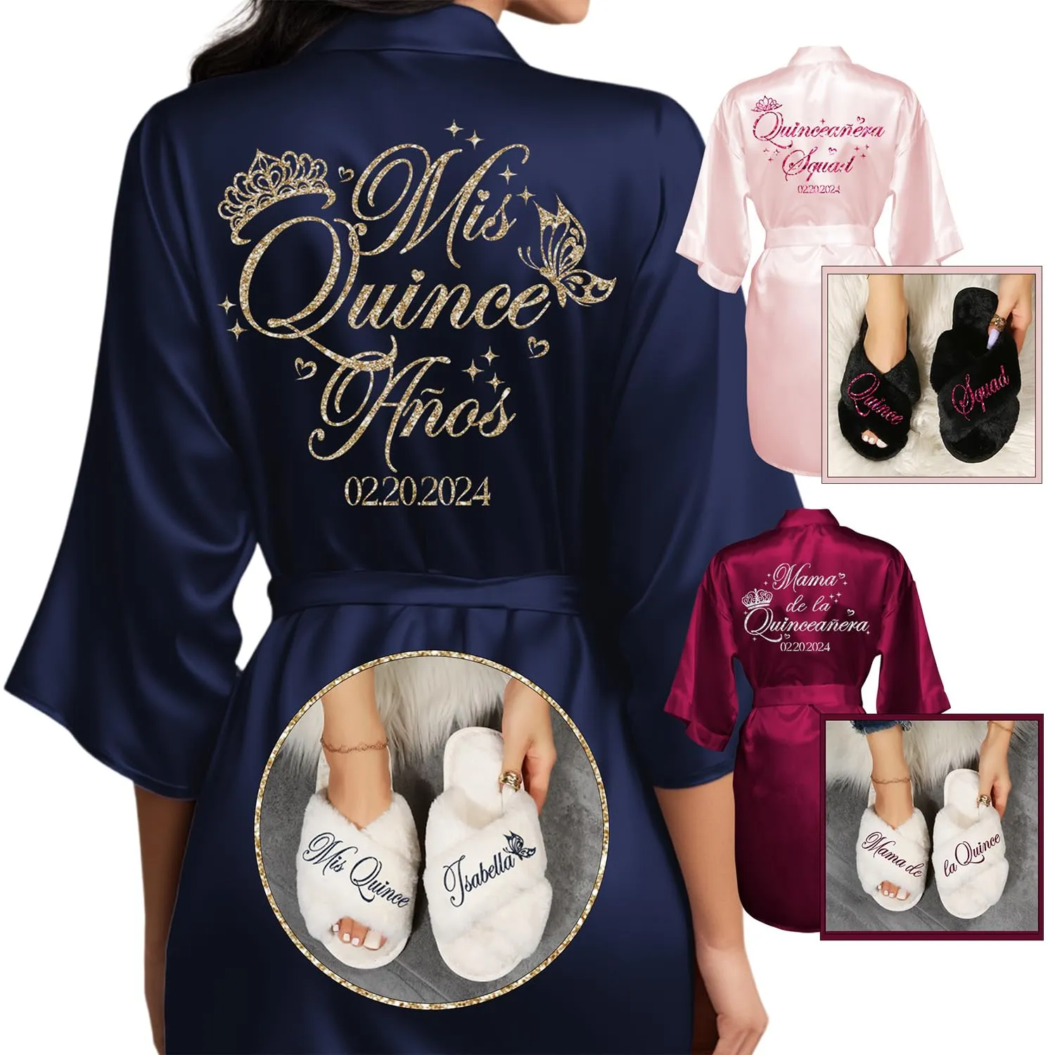 Quinceanera Robes and Slippers Set for Mis XV Anos and the Entire Quince Squad, Robes for Mama de la Quince, Abuela, Hermana and More, A Great Bundled Quinceanera Gift, Lilac L/XL