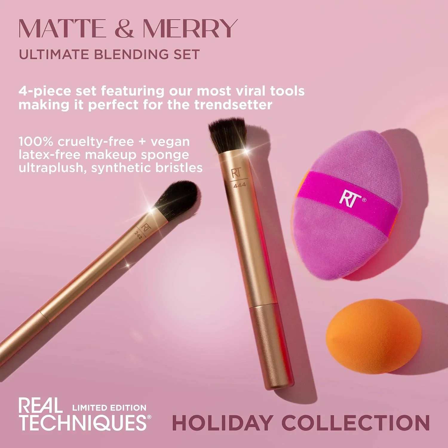 Real Techniques Matte & Merry Ultimate Blending 4 Piece Holiday Gift Set, Foundation Makeup Sponge, Dual-Sided Powder Puff, & 2 Makeup Brushes, Kitten Paw Brush, Stocking Stuffer, Limited Edition