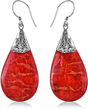 Red Coral Dangle Earrings for Women in 925 Sterling Silver - Dangling Drop Coral Earrings Handmade Birthstone Vintage Boho Jewelry Birthday Gifts