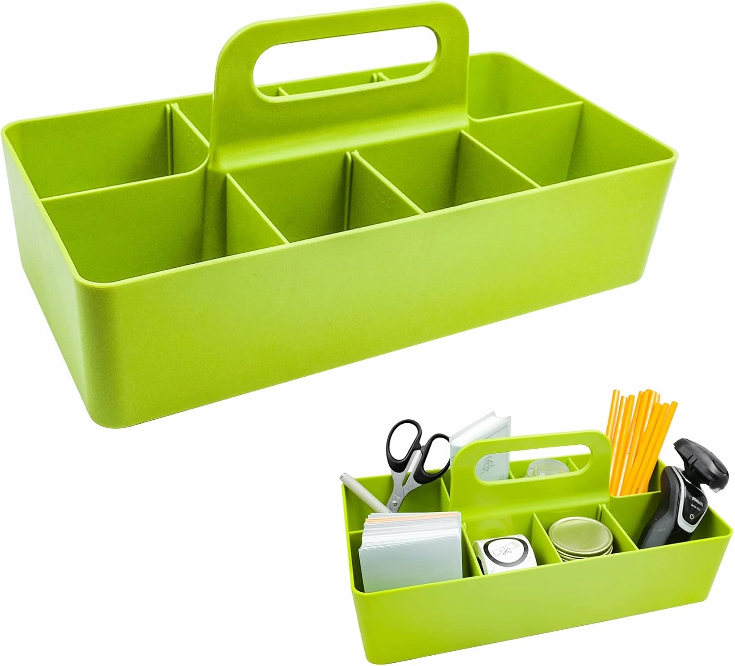 souG New Plastic Portable Makeup Organizer Caddy Tote Divided Basket Bin with Handle, DIY Divider, 8 Compartments - Office Supplies Organizer -Green