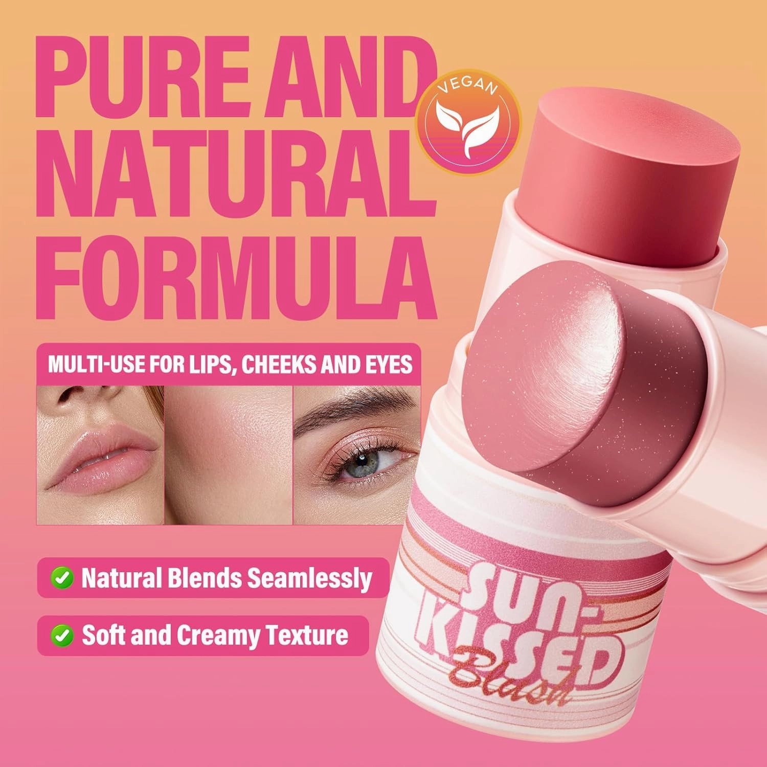 Sun Kissed Blush Face Bronzer Stick For Cheeks, Lips, Long-Lasting, Blendable, Vegan Makeup For All Skin Tones, 02 Afternoon, 0.21Oz