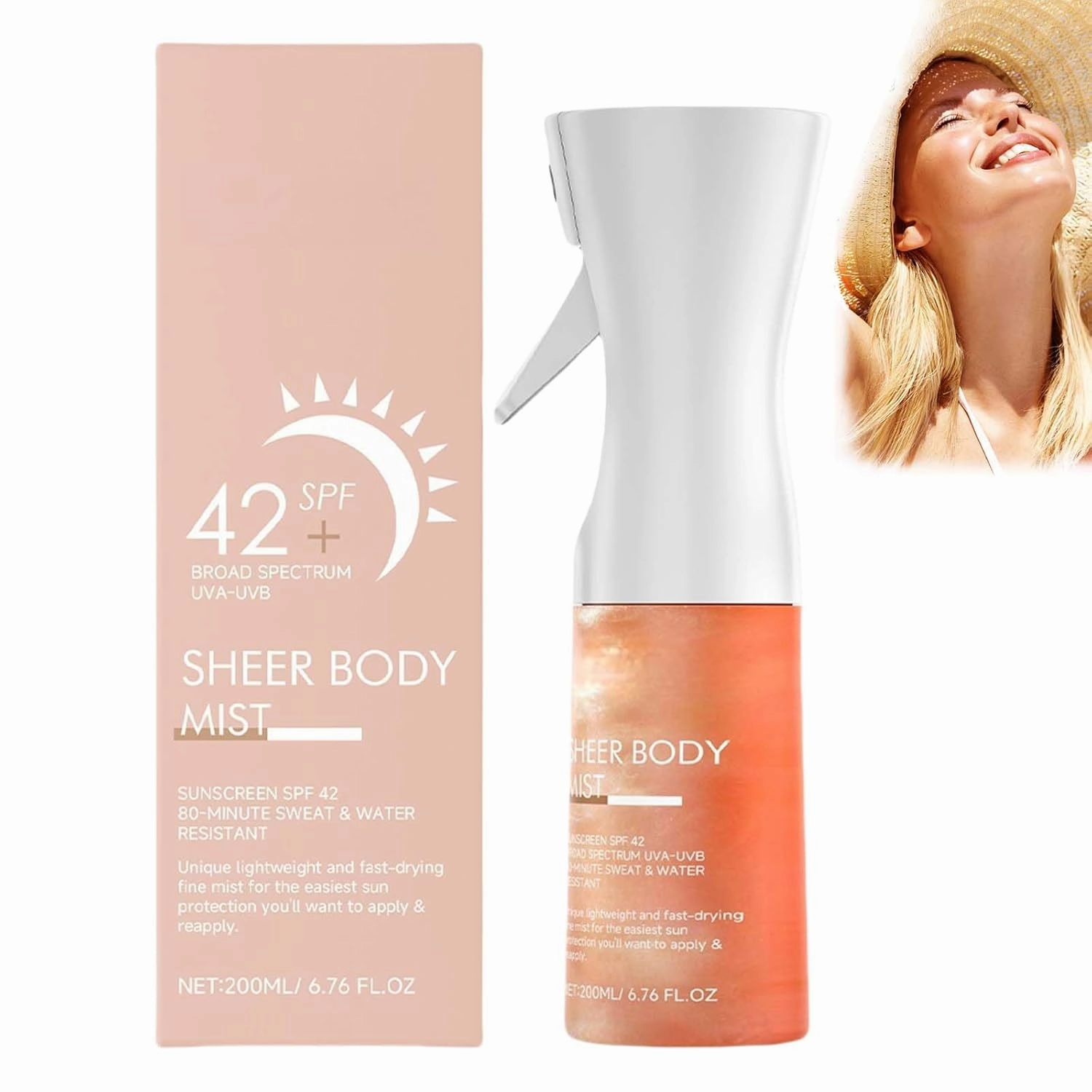 Sunglaze Sheer Body Mist Sunscreen SPF 42 - Water Resistant & Non-Greasy Formula, Infused with Shimmering Body Oil for Hydrating Glowy Finish, Lightweight Fast-Absorbing Sun Protection