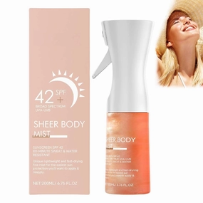 Sunglaze Sheer Body Mist Sunscreen SPF 42 - Water Resistant & Non-Greasy Formula, Infused with Shimmering Body Oil for Hydrating Glowy Finish, Lightweight Fast-Absorbing Sun Protection