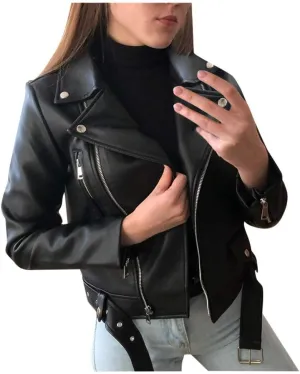 Things 2024 Women Christmas 2024 Women Cool Faux Leather Long Sleeve Zipper Fitted Coat Fall Short