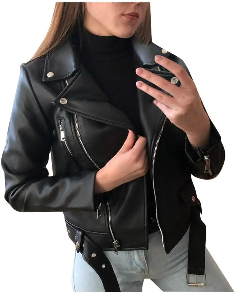 Things 2024 Women Christmas 2024 Women Cool Faux Leather Long Sleeve Zipper Fitted Coat Fall Short