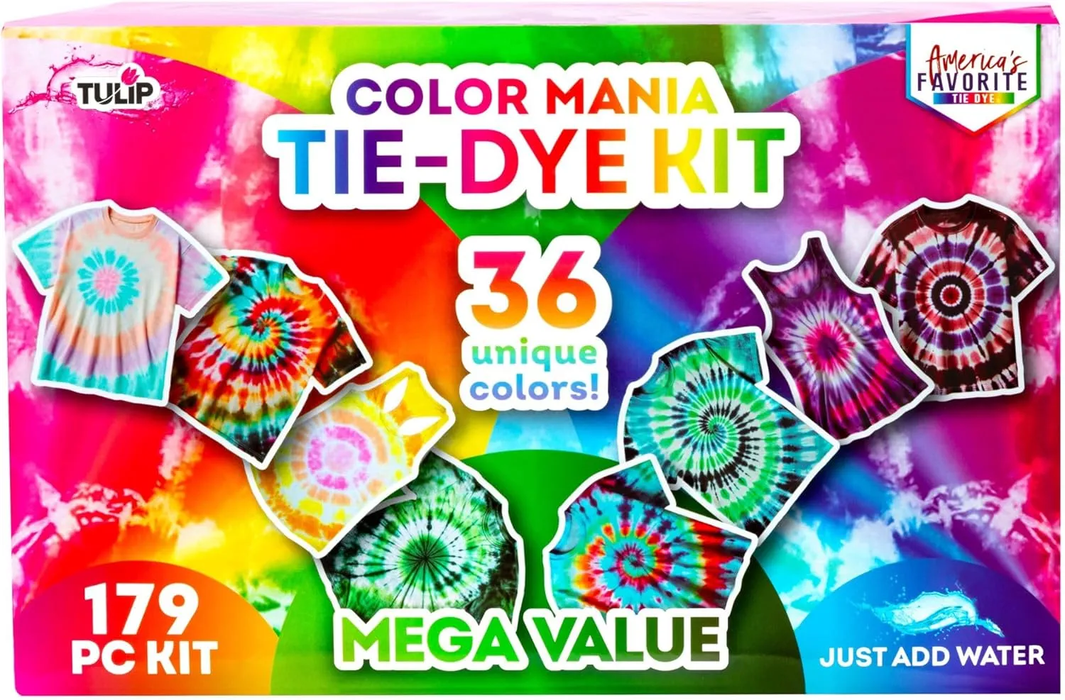 Tulip One-Step Tie-Dye Color Mania 36 Vibrant Colors, All-in-One Tie Dye Kit for Large Groups, Permanent Fabric Dye Pre-Filled Bottles, Gloves, Instructions