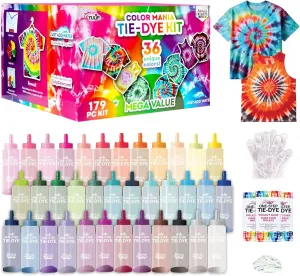 Tulip One-Step Tie-Dye Color Mania 36 Vibrant Colors, All-in-One Tie Dye Kit for Large Groups, Permanent Fabric Dye Pre-Filled Bottles, Gloves, Instructions