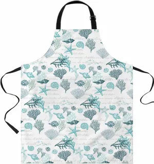 Turquoise Coastal Waterproof Apron With Pockets, Nautical Coral Starfish Conch Seaweed Kitchen Chefs Bib Cooking BBQ Grill Bake Adjustable Aprons for Women/Kids Home Garden Grooming Painting Gardening