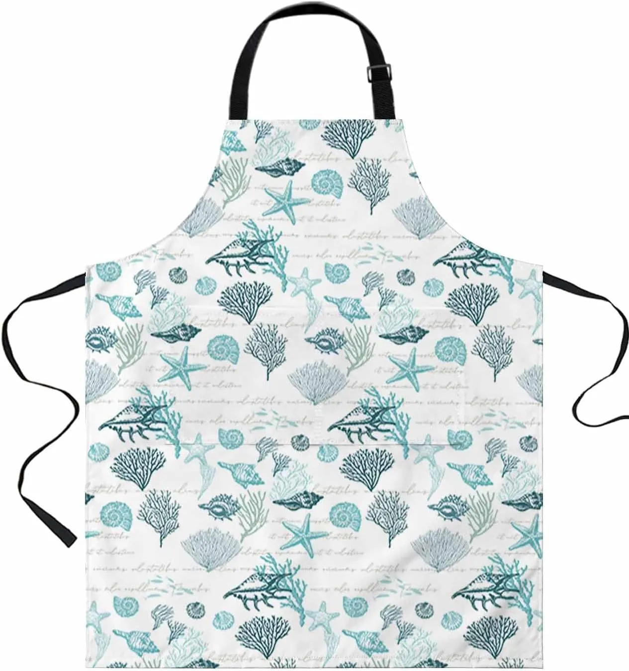 Turquoise Coastal Waterproof Apron With Pockets, Nautical Coral Starfish Conch Seaweed Kitchen Chefs Bib Cooking BBQ Grill Bake Adjustable Aprons for Women/Kids Home Garden Grooming Painting Gardening