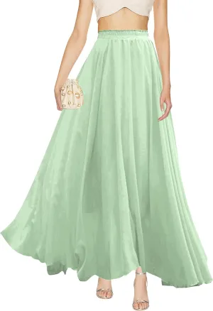 v28 Women Full/Ankle Length Elastic Pleated Retro Maxi Chiffon Long Skirt