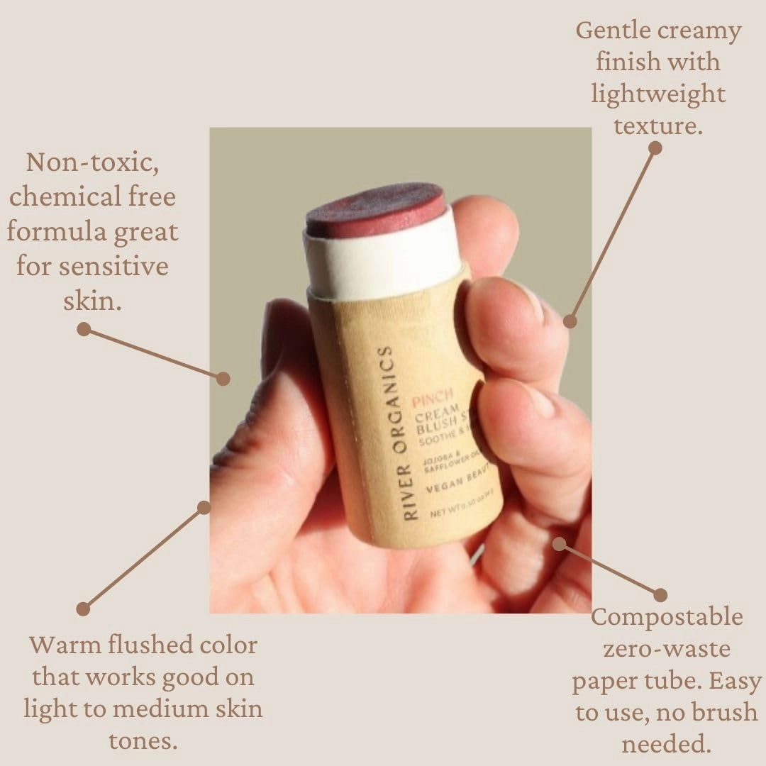 Vegan Blush Stick - Hydrating, Multi-Use Cream Blush for Cheeks, Natural, Organic, Plastic-free, packaging | River Organics 0.50 oz. (Pinch)