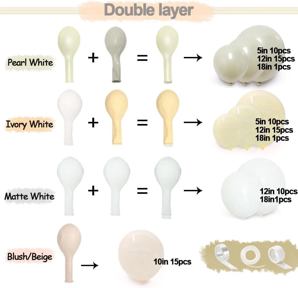 White Ivory Balloon Arch Kit - Double Stuffed Pearl White Sand Cream Balloon Garland Latex Beige Blush Different Sizes for Baby Bridal Shower Birthday Baptism Wedding Party Decor