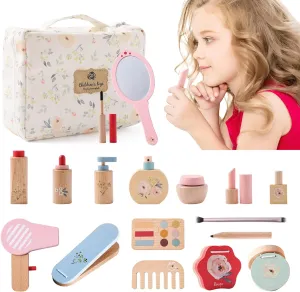 Wooden Makeup Toy Set for Toddler 18 Pcs Pretend Playset Wood Beauty Salon Toys for Toddlers Wooden Skincare Toys Gift for Girls 3 4 5 6 Fun Role Playing Game