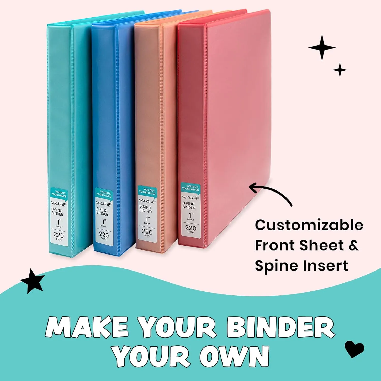 Yoobi 1 Inch Binder Set, 3 Ring Binders with Plastic Cover, 2 Pocket Sleeves and D Rings, Organizer for up to 220 Sheets of Loose Paper, 4 Pack Cute Binders, Multicolor, Office or School Supplies
